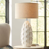 Possini Euro Design Cosgrove 32 3/4" Tall Oval Large Mid Century Modern Coastal End Table Lamps Set of 2 White Ceramic Living Room Bedroom Bedside Nightstand House Beige Shade (Colors May Vary)