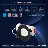 LUXRITE 3-Inch Gimbal LED Recessed Lighting, 5 Color Selectable 2700K-5000K, 9 Watts, 750 Lumens, Adjustable 360º + 30º Swivel Spotlight, Dimmable, CRI90, IC & Wet Rated, ETL, Black (12 Pack)