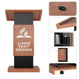 Customizable Logo & Text Podium Stand,Wood Lectern with Lockable Wheels,15MM Particle Board,Church Pulpit with Storage, Mic Stand Space,Wooden Podium for Seminars and Schools(Customized A)