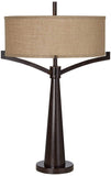 Franklin Iron Works Tremont Mid Century Modern Industrial Table Lamps 31.5" Tall Set of 2 Rich Bronze Iron Burlap Fabric Drum Shade for Living Room Bedroom House Bedside Nightstand Home Office