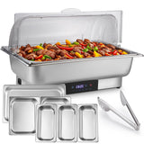 Electric Chafing Dish Buffet Server Set, Stainless Steel Full Size & Half-Size &Three-Section Food Pan with Temp Control, Roll Top Stainless Steel Food Warmers for Catering Buffet (A-02)