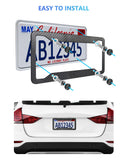 Carbon Fiber License Plate Frames- Black Carbon Pattern Aluminum Front & Rear Car Tag Holder Cover 2 Pack with Mount Hardware, Screws, Caps, Handlebar Stickers