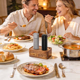 Luvan Professional Salt and Pepper Mill Set with Wooden Stand, Top Button Lock, Heavy Duty Aluminum Manual Pepper Grinder with Adjustable Coarseness, Gift Set for Friends & Family