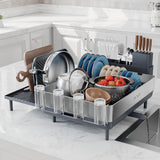 SUNLY Large Dish Drying Rack, Expandable Dish Racks for Kitchen Counter, Space Saving 304 Stainless Steel Drying Rack Kitchen, Extra Large Drainer with Multifunctional Flip Up Pegs, Gray