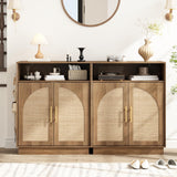 HOKYHOKY Set of 2 Rattan Shoe Storage Cabinet with 2 Arched Doors, 5-Tier Wood Shoe Organizer with Adjustable Shelves, Farmhouse Boho Shoe Rack Cabinet for Entryway,Rustic Oak