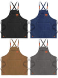 Toulite 4 Pack Canvas Chef Apron for Men with Adjustable Strap Cross Back Cotton Barber Apron with Pocket, 26 x 30''(Gray, Camel, Blue, Black)
