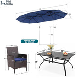 PHI VILLA 7pc Patio Dining Set w/Umbrella, Rectangular Table, Rattan Chairs