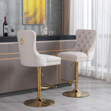 MOOLSUN Rotating Velvet Bar Stools Set of 4, Modern Padded with Nailhead Trim and Tufted Back, Adjustable Swivel Counter Height Stools for Kitchen Island, Bar, Club,Beige(Gold Base)