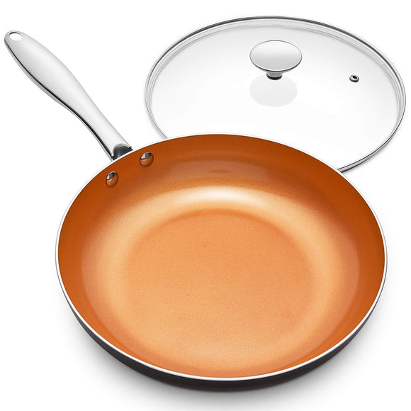 10 Inch Copper Nonstick Frying Pan with Lid, Scratch Resistant Ceramic Coating, Oven and Dishwasher Safe MICHELANGELO