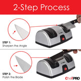 ELECTRIC KITCHEN KNIFE SHARPENER AND POLISHING SYSTEM by CHEF PRO, 2-Stage Sharpening, Compact And Easy-to-Use Design, Suction Cup Bottom and Easy Cleaning, Black-Silver