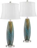 360 Lighting Azure Modern Table Lamps 26.75" High Set of 2 Blue Brown Art Glass Brushed Nickel Metal Cream Fabric Drum Shade Decor for Living Room Bedroom House Bedside Nightstand Home