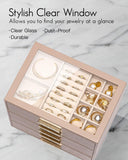 VLANDO 5 Layer Jewelry Box for Women, Glass Lid Jewelry Organizer with 5 Drawers for Necklaces Rings Earrings Bracelets - Toffee