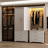 FJTJBSI Wooden Armoire Wardrobe Closet with 3 Drawers and LED Light 72" Modern Bedroom Armoire with Retro Ceramic Door Handles Wardrobe Cabinet with Removable Hanging Rod White