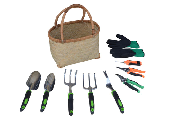 (Green),Gardening Tool Set, Equipped with a Bamboo Woven Storage Basket, 5 Aluminum Alloy Hand Tools, and 3 Stainless Steel Scissors