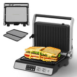 Panini Press,4 Slices Contact Grill with Removable Non-Stick Coated Grill and Flat Plates,Panini Makers with Temperature Control and Timer,Open 180 Degrees,Grill and Griddle (Silver with digital)