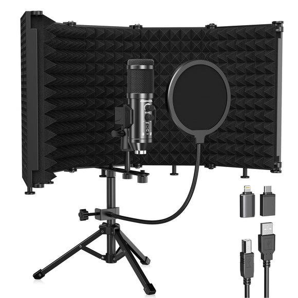 Recording Microphone Isolation Shield with Pop Filter and Metal Tripod Stand, USB Condenser Mic to PC Laptop Smartphone, Studio Microphone for Recording Singing Podcasting Riworal
