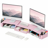 OPNICE Desk Organizers and Accessories, Dual Monitor Stand Riser with Drawer and 2 Pen Holders, Desk Shelf Computer Racks & Printer Stand for Office Workspace Organizers, Desktop Organization (Pink)