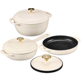Best Choice Products Non-Stick Pot & Pan Cookware Set, Cast Iron, 2Qt Skillet W/Lid, 10" Grill Or Griddle Pan W/Press, 6Qt - Vanilla