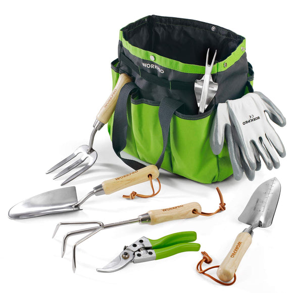 Garden Tools Set, 8 Piece, Stainless Steel Heavy Duty Gardening Tools with Wooden Handle, Including Garden Tote