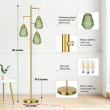 QiMH Glass Floor Lamps for Living Room, Tree Standing Lamp with Stepless Dimmable, 68" Modern Tall Lamps for Bedroom Home Office, Rotary Switch, 3 LED Bulb Included, Brushed Gold