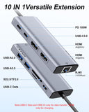 USB C Laptop Docking Station Dual HDMI Monitor 10in1 Dongle Type-C Hub Dock