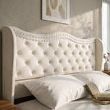 Queen Upholstered Bed Frame, 50-Inch Wingback Headboard, Cream White
