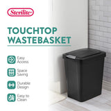 Sterilite 7.5 Gallon TouchTop Wastebasket with Lid that Opens with Touch, Conceals Trash in the Kitchen, Bathroom, Mudroom or Office, Black, 12-Pack