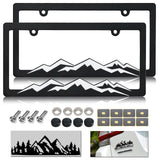 NJNYLLC Mountain License Plate Frames - Plastic Car Tag Holders with Raised Mountain Design, White on Black, 2 Pack 2 Hole with Screws & Caps, Mountain Vinyl Sticker Included