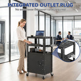 Mobile AV Cart with Cabinet Adjustable Height Computer Cart Rolling Media Utility Cart Heavy Duty with 4 Outlets & Pullout Keyboard Tray Mobile Computer Workstation with Lock Brake Wheels