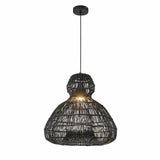 Modern 1-Light Matte Black Outdoor Coastal Boho 20 in. Scalloped Pendant Light for Patio with Wicker Rattan Shade
