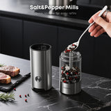MaNhiBeiBei Electric Salt and Pepper Grinder Set One-hand Operated, Adjustable Coarseness, Stainless Steel body Ceramic Burrs,Pepper Shakers Mills with LED Light,House Warming Cooking Gift (2)