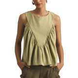 Hixiaohe Shirred Swing Tank Tops for Women Fashion Flowy Sleeveless Shirts Casual Crew Neck Blouse Loose Fit Ruffled Tops(Green,L)