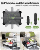 Extra Large Two Tier Stainless Steel Dish Drainer Drying Rack with Drainboard for Kitchen Counter, Modern Black and Silver, Rust Proof Metal, Space Saving Double Countertop Big Plates Dryer and Tray