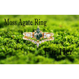 Natural Moss Agate Ring Set Kite Cut Moss Agate and Lab Diamond Engagement Ring for Women 10K/14K/18K Gold/Sterling Silve Personalized Yellow Gold Kite Moss Agate Wedding Ring for Women Free Engraving