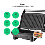 Chefman Electric Panini Press Grill, Compact 2-Slice Sandwich Maker, Non-Stick Coated Plates, Opens 180 Degrees, Dishwasher Safe, Removable Drip Tray, Stainless Steel/Black