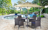 PHI VILLA 5pc Patio Dining Set with Umbrella, Square Table, Rattan Chairs