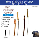 HMS Japanese Samurai Katana and Wakizashi Daisho Combo Set, Warrior and Fuji Tsuba, Hand Forged Heat Tempered, 1045 Carbon Steel, Black Wooden Scabbard