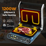 Happygrill 3 in 1 Panini Press Electric Indoor Grill & Sandwich Maker,1200W Open Flat Griddle w/ 2 Removable Non-Stick Dishwasher-Safe Plates,LED Display,7 Modes,Independent Temp Control & Drip Tray