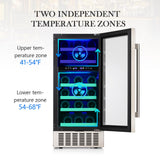 COWSAR 28 Bottle Wine Fridge, Commercial Dual Zone Beverage Refrigerator, Independent Temp, LED, Under Counter Drink Wine Cooler Chiller