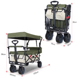 TMZ Collapsible Folding Outdoor Utility Wagon with Removable Canopy - 265lbs Heavy Duty Trolley with Rubber Wheels (Beige/Green)