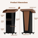Podium Stand with Metal Wheels, Wooden Pulpit with 15° Tilted Desktop and Storage Cabinet, Built-in Cable Hole Lectern Desk