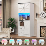 Bigbiglife Farmhouse Kitchen Pantry Cabinet with LED Lights and Power Strip, Tall Kitchen Storage Cabinet, Kitchen Hutch with Microwave Stand & Barn Doors and Drawers for Dining Room (White)
