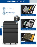 Dripex 3 Drawer Black File Cabinet, Mobile Under Desk Storage File Cabinet with Lock on Wheels, Letter/Legal Size,Fully Assembled