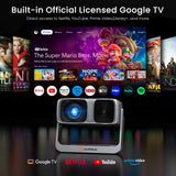 2000 ANSI Official Licensed Google TV Outdoor Projector 4K Decoding, Smart Projector with Wifi and Bluetooth, Auto Focus, Dolby Sound, Built-in Apps, HAPPRUN Indoor Home Theater with 270° Stand