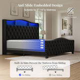 Belffin King Size Bed Frame and Headboard, 50.9" Velvet Upholstered Wingback Bedframe with LED Lights & Storage/Charging Station, Button Tufted Tall Footboard, No Box Spring Needed, Noise-Free, Black