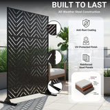 Metal Privacy Screen Outdoor – 6FT Freestanding Decorative Steel Panel with Stand, Laser-Cut Chevron Pattern Modern Privacy Divider