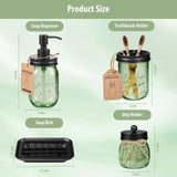 SheeChung Green Bathroom Accessories Set, 6Pcs Mason Jar Glass Bathroom Set, Lotion Soap Dispenser, Toothbrush Holder, Qtip Holder, Soap Dish, Metal Wire Basket, Rustic Farmhouse Bathroom Decor-Black