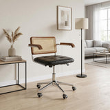 Height-Adjustable Office Chair with Wheels, Wood Armrest & Walnut Back