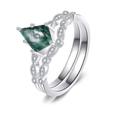 Oseew Natural Moss Agate Ring for Women 2CT Kite Cut 2 Pieces Engagement Ring Set 10K/14K/18K Solid Gold/Sterling Silve Personalized Wedding Leaf Vintage Bridal Promise Ring for Women (Style 2