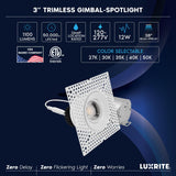 LUXRITE 3-Inch LED Gimbal Adjustable Trimless Spotlight with J-Box, Push N’ Lock, 5CCT 2700K-50000K, 360° Swivel & 15° Tilt, 12W, 1100LM, CRI90, Dual Dimmable, 38° Beam, IC Rated, Damp Rated (4 Pack)